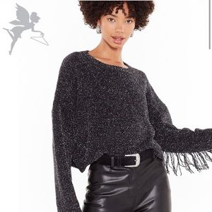 Sparkly black cropped sweater with fringe